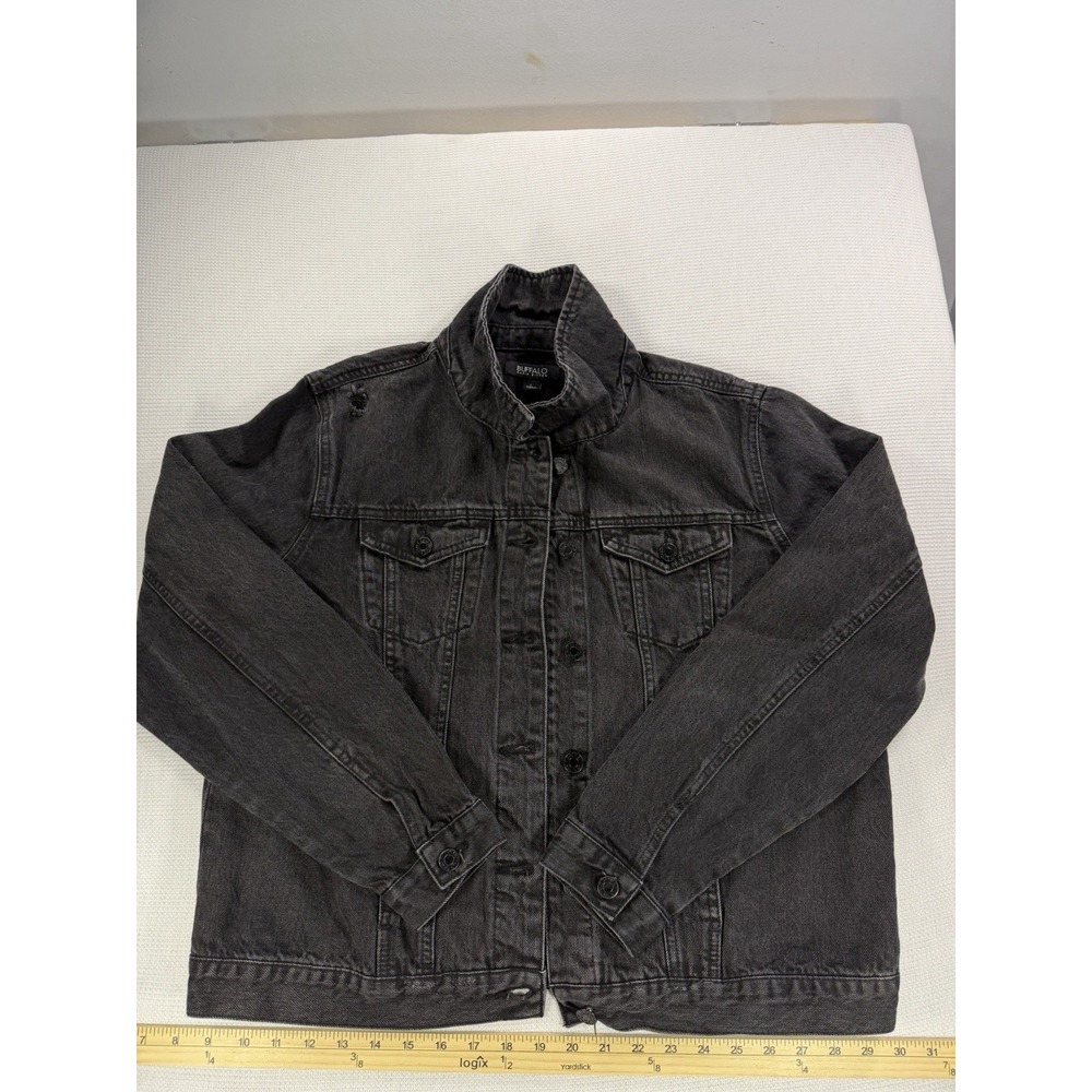 Buffalo David Bitton Black Denim Jacket Women's Size L Distressed Button Front